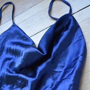 Navy Satin Midi dress: low tie back and cowl neck